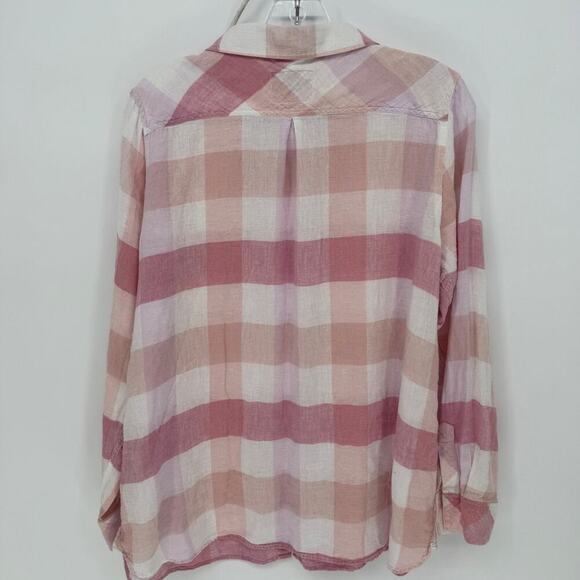 Rails Charli Pip Peach Blus White Plaid Linen Blend Button Down Shirt Large - Picture 3 of 8
